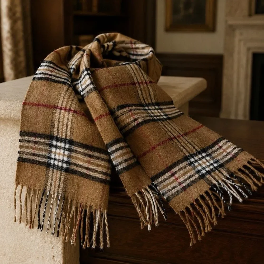 100% Cashmere Scarf Camel Plaid Check Fringe 66” Unisex Quiet Luxury Preppy